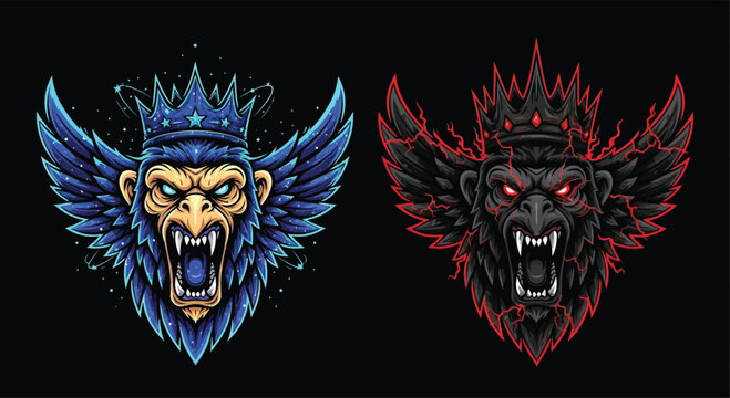 Two stylized monkey heads with crowns and wings, one in blue and gold, the other in black and red, depicted with an aggressive expression.