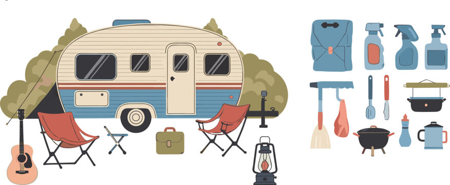 Camping and Travel Trailer Set with Caravan, Chairs, Guitar, Lantern and Outdoor Cooking Equipment Flat Vector Illustration Collection for Adventure Design