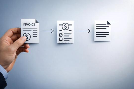 Businessman reviewing invoice and payment process icons