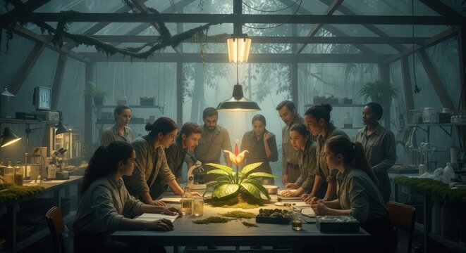 Group of scientists observes a rare glowing plant inside a foggy greenhouse laboratory.