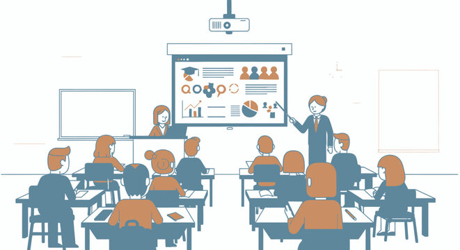Teacher standing in classroom with students.
