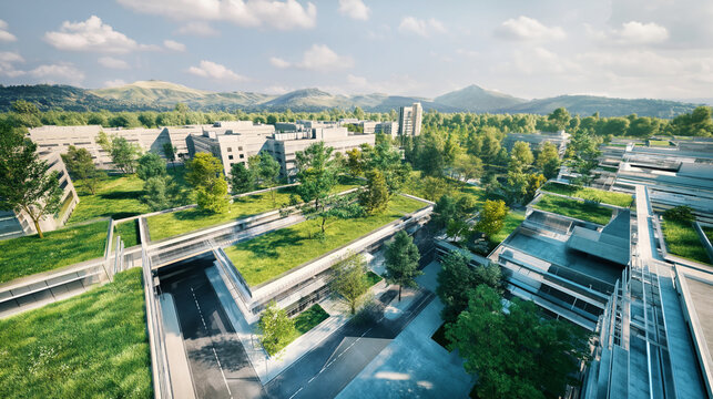 Modern Urban Design: Aerial View of Sustainable Buildings and Green Landscape with Skyline and Hills Backdrop in a Vibrant, Eco-Friendly City