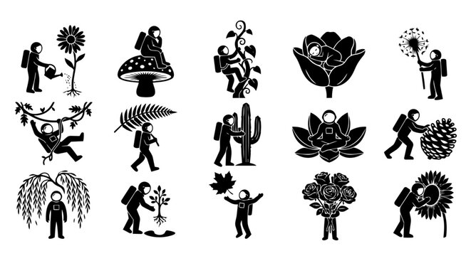 A collection  silhouettes icons depicting astronauts engaging with various plants and natural elements, symbolizing space gardening, environmental care, and futuristic exploration.