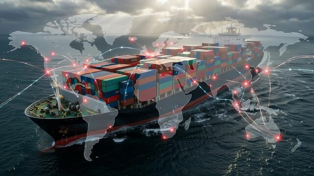 Global supply chain disruption risk impacts economic control conflict with cargo container ship on ocean freight routes and world map network showing global supply chain network