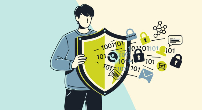 Cybersecurity concept with man holding shield against digital threats