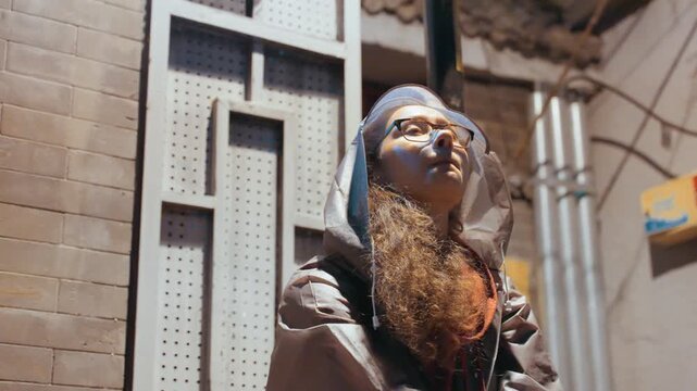 Asian woman savoring late night snack under neon alley lights, food blogger moment captured in candid profile, hooded jacket with clear visor, film grain texture, wet pavement reflections and warm