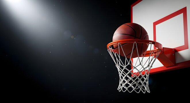 Basketball going through hoop with spotlight basketball hoop