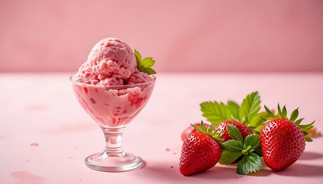 Strawberry icecream scoops in clear glass dessert cup with visible strawberry pieces surrounded by fresh whole strawberries on plain light background