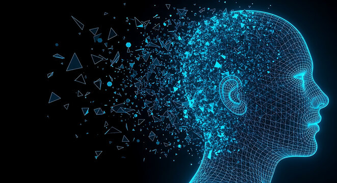 artificial intelligence digital mind human head wireframe dissolving into glowing blue data symbolizing advanced technology and thought processes.