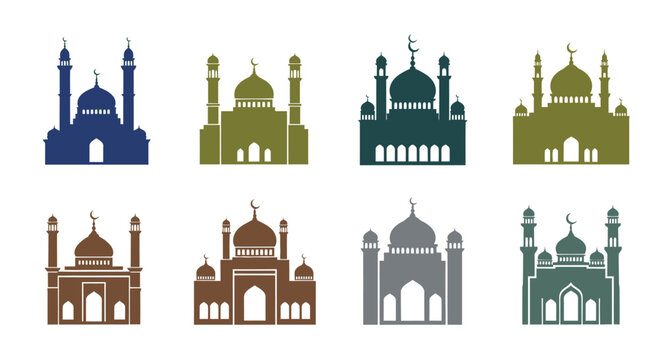 Eight mosque icons in various colors.