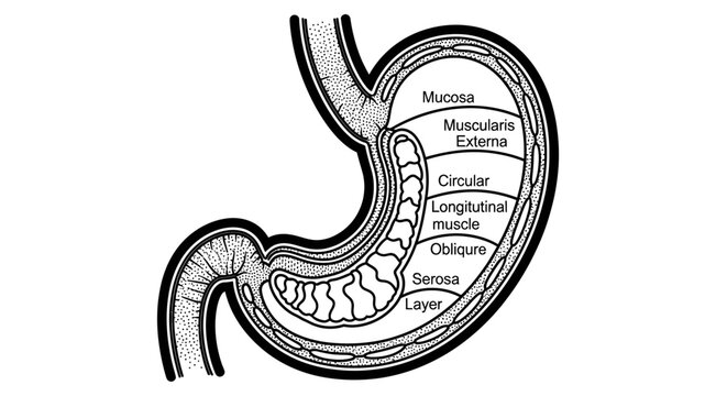 Human stomach anatomy with labeled layers.