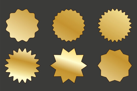Luxury gold badge sticker with shiny foil texture and starburst shape. Premium circular seal icon for sale labels, price tags and promotions