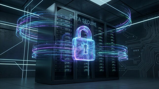 Abstract Cybersecurity Shield Protecting Digital Data Streams