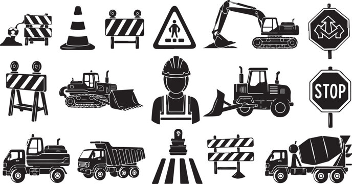 Construction Site Icons and Roadwork Warning Signs Vector Graphics