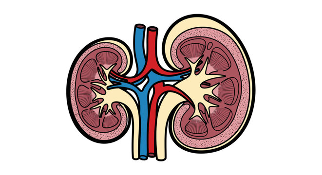 Detailed illustration of human kidney anatomy.