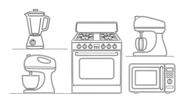 Kitchen appliances in a line.