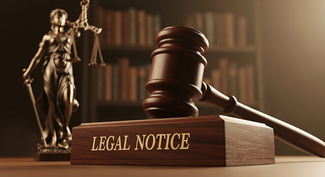 gavel legal notice block and lady justice with law books symbolizing justice legal authority and the judicial system.