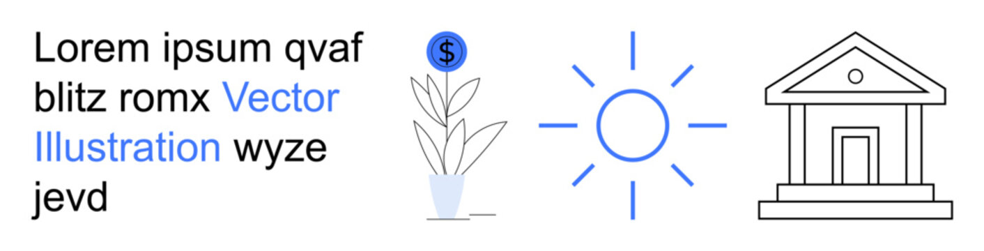 Financial planning, renewable energy, sustainability, economic growth, institutional policies, savings. Group of simple line drawing icons including money plant, sun, and government building