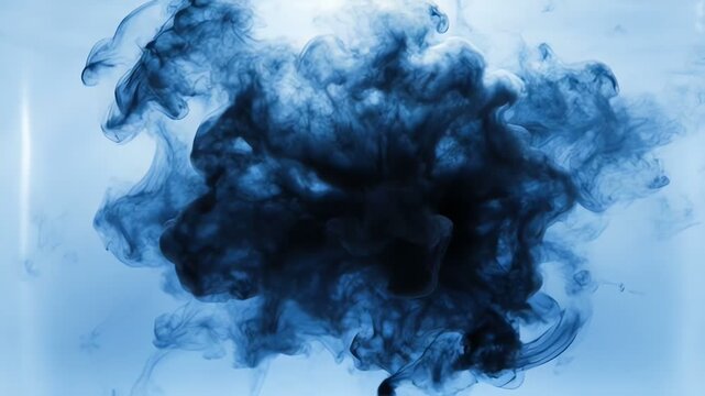 Abstract Dark Ink Cloud Explodes in Blue Water, Microscopic View