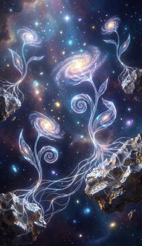 A surreal cosmic garden where plants grow from stardust, flowers shaped like galaxies, glowing pollen drifting in zero gravity, roots made of light connecting to asteroids, vibrant yet ethereal colors