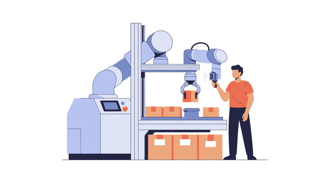 Industrial robot arm with human operator in automated factory, logistics and manufacturing concept