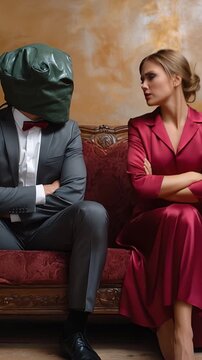 Man in green mask sits stiffly beside a woman. Woman in red dress looks at him with quiet disapproval. Their posture suggests tension or disagreement. Image could suit drama or comedy scenes