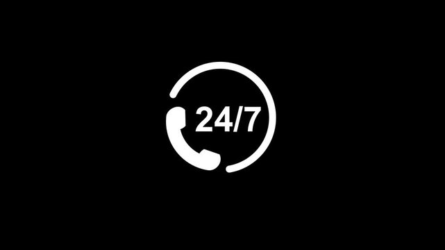 Clock showing 24/7 availability with a white outline on a black background