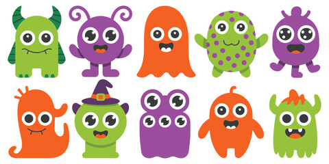 Obraz premium Cute cartoon monster and alien vector icons, colorful little creature character set for kids and gaming, fun and playful illustrations