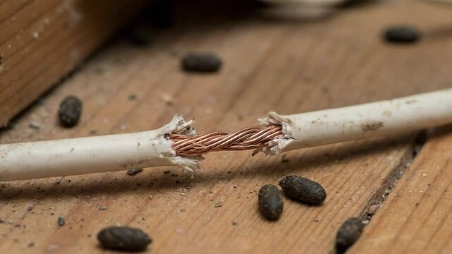 A wire is broken and has a bunch of black seeds on it