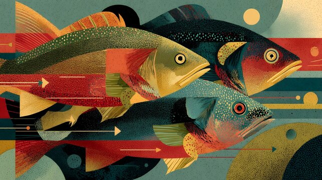 Conceptual aquatic journey, flat vector illustration combining Memphis retro geometry with boho decorative elements, stylized fish transforming into arrows and flowing lines, abstract rivers crossing 