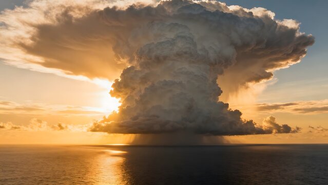 Dramatic Mushroom Cloud with Rain over Ocean During Golden Sunset