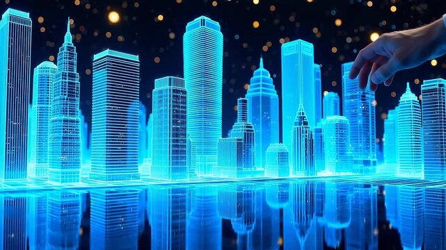 Futuristic cityscape with glowing buildings for Sustainable Urban Development