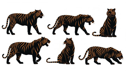 Obraz premium Majestic Tiger Silhouette Vector Set – Wild Big Cat Profiles Collection Isolated on White Background