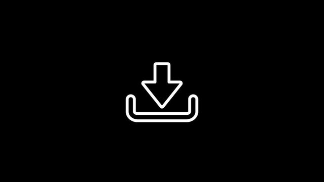 Download Icon with Arrow into Tray on Black Background. Minimal Download Symbol with Down Arrow. File Download Button Outline Icon
