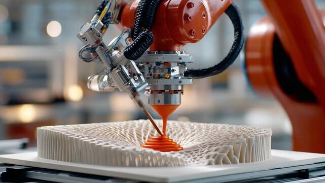 Robotic Precision in Creation: A high-tech robotic arm meticulously constructs an intricate design using precise 3D printing technology, showcasing innovation in manufacturing.