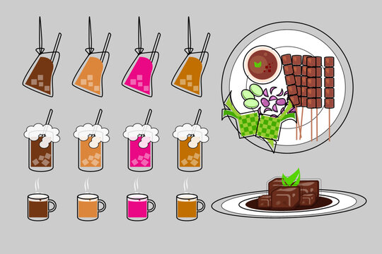 Set of Malaysian street food icons, delicious grilled chicken satay with peanut sauce and iced beverage in a plastic bag