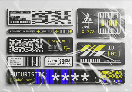 Futuristic Barcode Tech Labels Set