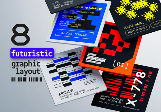 Futuristic Graphic Layout Posters with Abstract Tech Pixel Elements