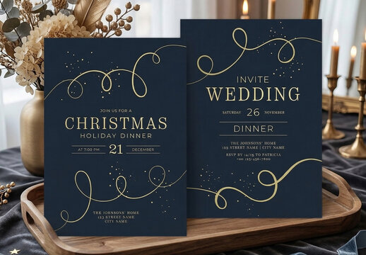 Elegant invitation cards with golden decorative elements