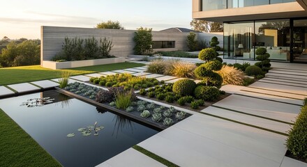 Fototapeta premium Modern outdoor garden with water features and minimalist design elements.