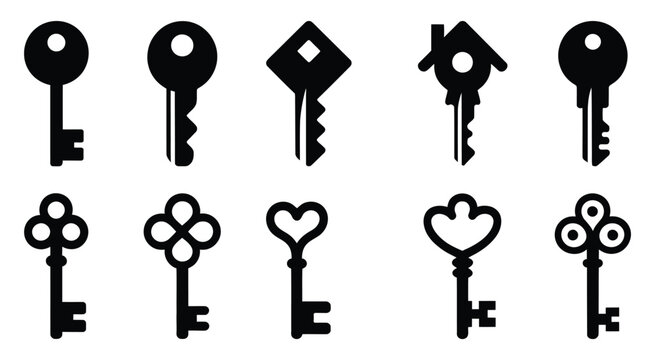 Various keys in different shapes and designs, vector illustration set featuring ornate, modern, and classic key styles, perfect for security