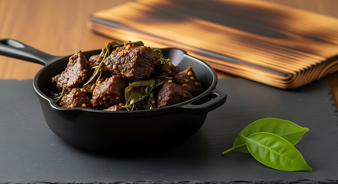 Okok, a rustic and aromatic preparation of Gnetum wild leaves with beef chunks and palm oil, served in a cast iron pot on a dark grey slate surface