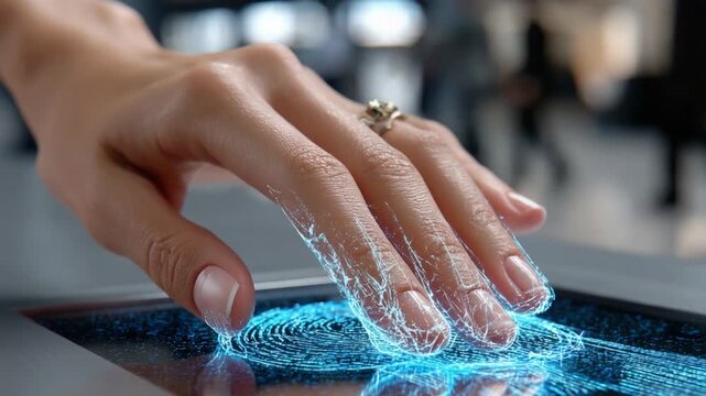 Digital Interface: A hand gently interacts with a futuristic digital interface, represented by glowing lines. The interaction creates a sense of cutting-edge technology and human-computer symbiosis.
