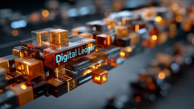 Digital Ledger: A digital ledger conceptual image illustrates a series of interconnected blocks, symbolizing data flow and security. These blocks, glowing with a warm hue.
