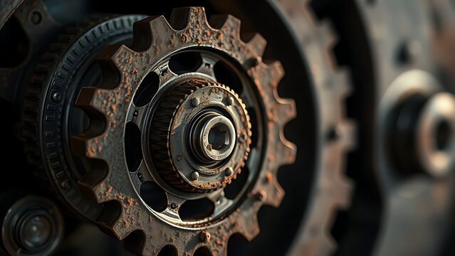 susceptibility. A rusted mechanical gear assembly with one jammed gear, metallic textures, industrial aesthetic. safety posters.