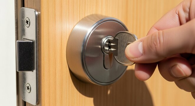 A hand inserting a key into a modern door lock with a silver finish and wooden door