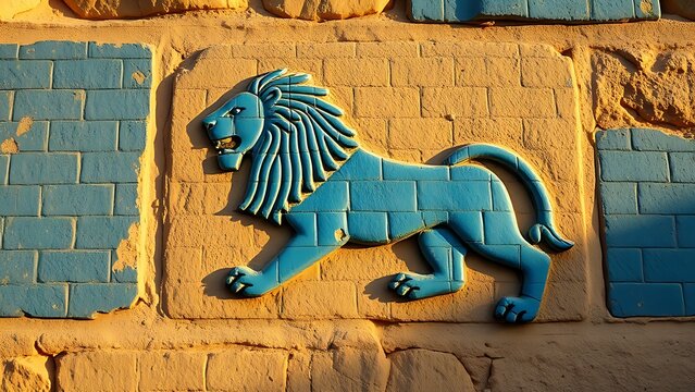 babylonian. Ancient Babylonian wall fragment with a blue glazed brick lion relief. event programs, museum guides, designed for cultural heritage projects and event programs, preserves heritage.