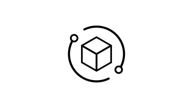 3D Cube with Circular Orbit Line Icon. Abstract Technology Cube with Connection Loop. Cube Network Icon Design. box animated icon