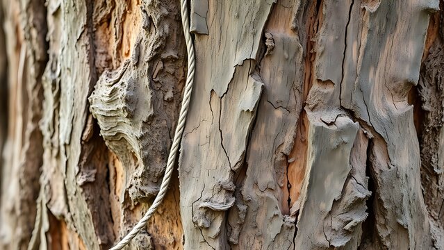 lignin. Close-up of tree bark with rope marks and natural erosion patterns. ESG reports, sustainability campaigns, designed for environmental awareness campaigns, used by presentation designers.