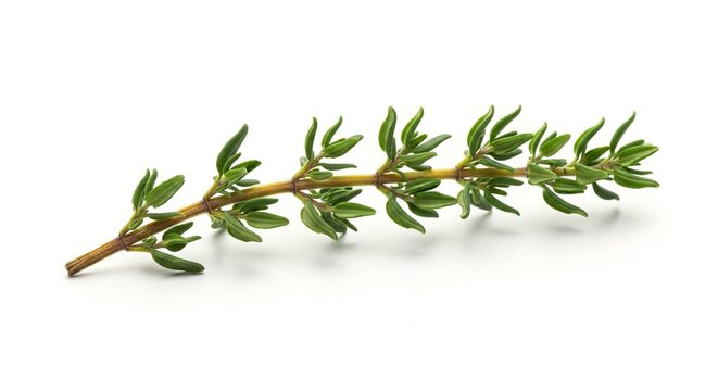 A sprig of fresh thyme on a white background